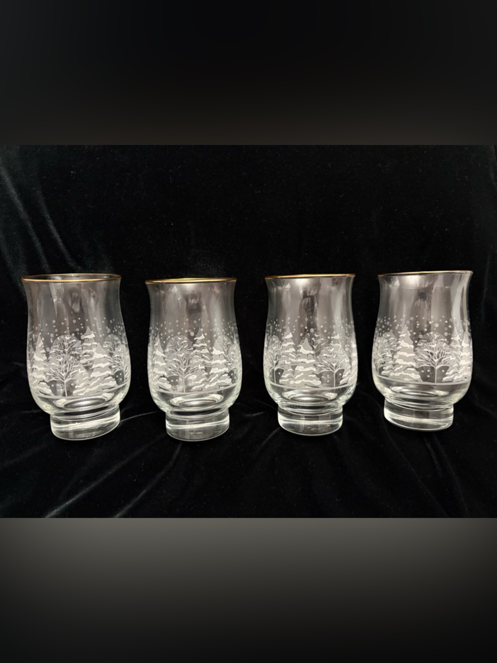 VTG Libbey Snowy Trees/ Winter Scene 10oz Glasses Gold Rimmed Set of 4